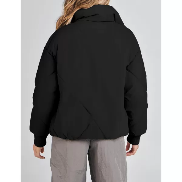 imageZESICA Womens Winter Cropped Puffer Jacket Long Sleeve Zip Up Quilted Short Down Coat with PocketsBlack