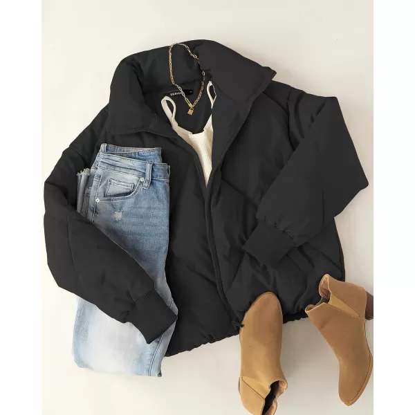 imageZESICA Womens Winter Cropped Puffer Jacket Long Sleeve Zip Up Quilted Short Down Coat with PocketsBlack
