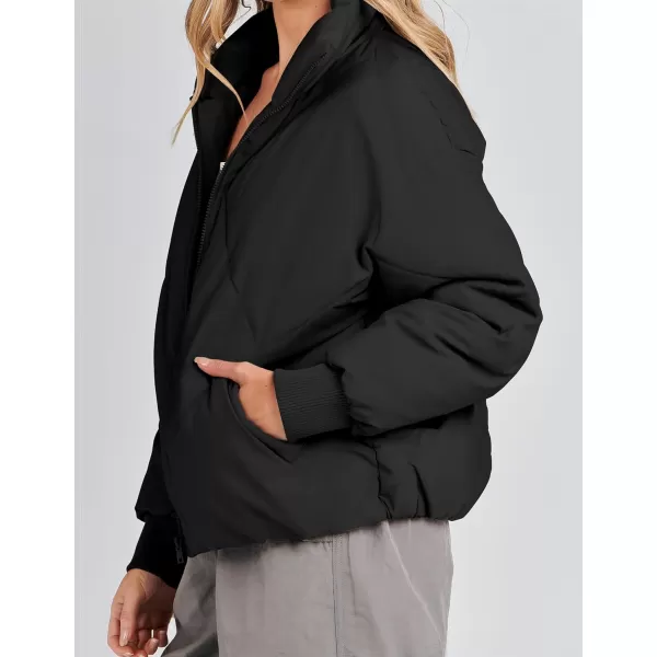 imageZESICA Womens Winter Cropped Puffer Jacket Long Sleeve Zip Up Quilted Short Down Coat with PocketsBlack