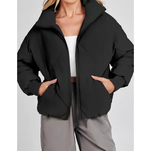 imageZESICA Womens Winter Cropped Puffer Jacket Long Sleeve Zip Up Quilted Short Down Coat with PocketsBlack
