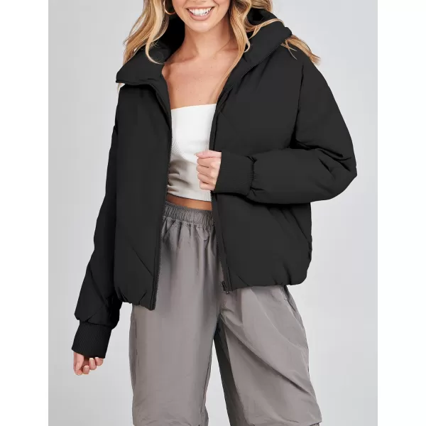 imageZESICA Womens Winter Cropped Puffer Jacket Long Sleeve Zip Up Quilted Short Down Coat with PocketsBlack