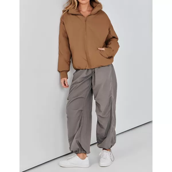 imageZESICA Womens Winter Cropped Puffer Jacket Long Sleeve Zip Up Quilted Short Down Coat with PocketsBrown