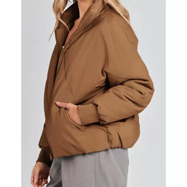 imageZESICA Womens Winter Cropped Puffer Jacket Long Sleeve Zip Up Quilted Short Down Coat with PocketsBrown