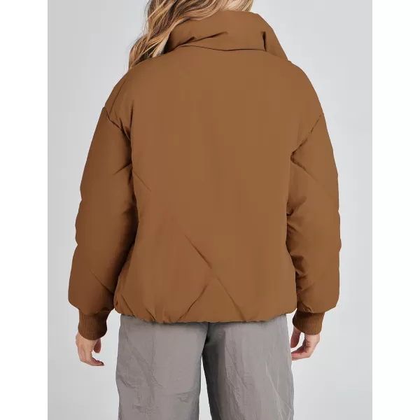imageZESICA Womens Winter Cropped Puffer Jacket Long Sleeve Zip Up Quilted Short Down Coat with PocketsBrown