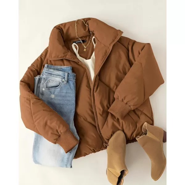 imageZESICA Womens Winter Cropped Puffer Jacket Long Sleeve Zip Up Quilted Short Down Coat with PocketsBrown