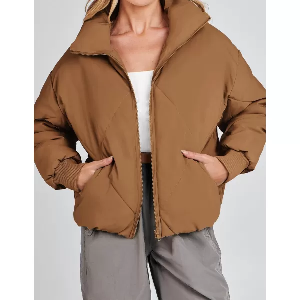 imageZESICA Womens Winter Cropped Puffer Jacket Long Sleeve Zip Up Quilted Short Down Coat with PocketsBrown