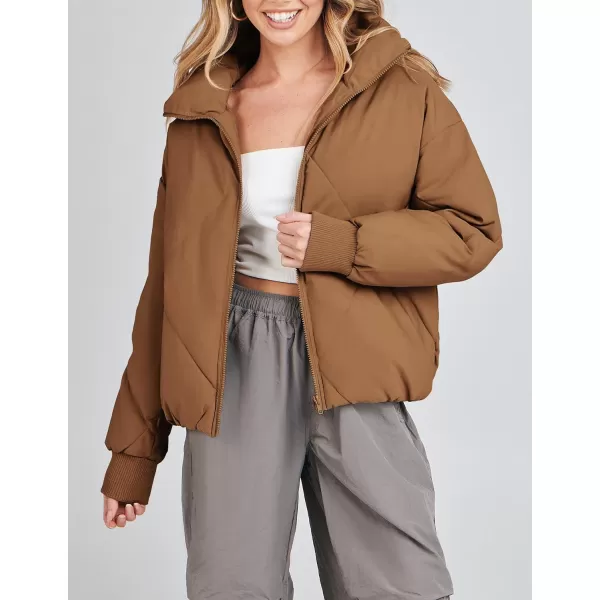 imageZESICA Womens Winter Cropped Puffer Jacket Long Sleeve Zip Up Quilted Short Down Coat with PocketsBrown