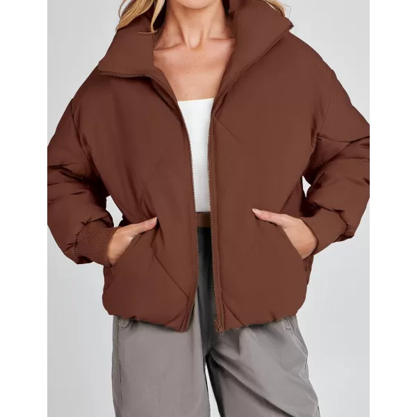 imageZESICA Womens Winter Cropped Puffer Jacket Long Sleeve Zip Up Quilted Short Down Coat with PocketsCoffee