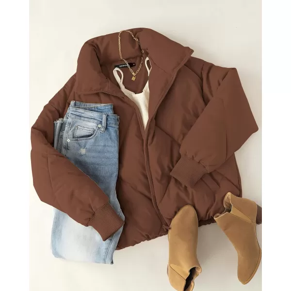 imageZESICA Womens Winter Cropped Puffer Jacket Long Sleeve Zip Up Quilted Short Down Coat with PocketsCoffee