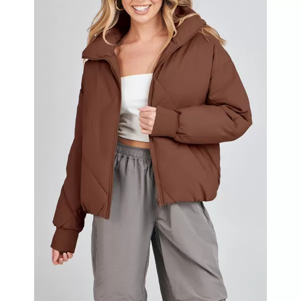 imageZESICA Womens Winter Cropped Puffer Jacket Long Sleeve Zip Up Quilted Short Down Coat with PocketsCoffee