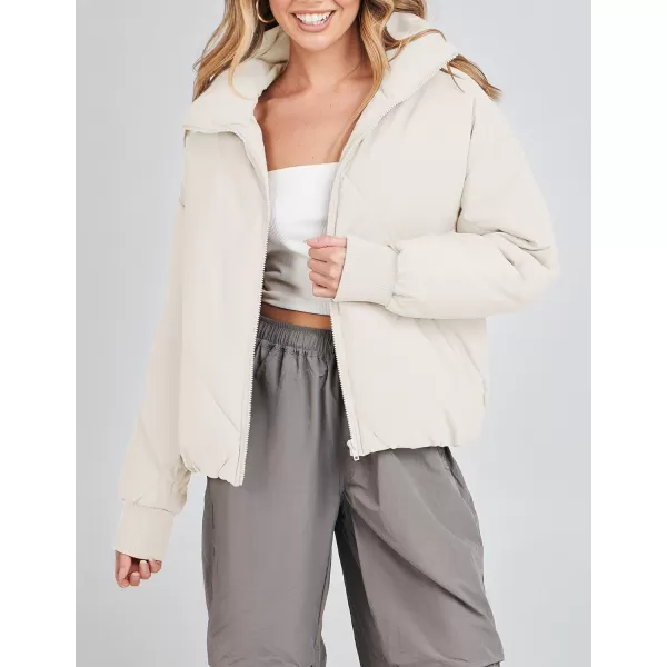 imageZESICA Womens Winter Cropped Puffer Jacket Long Sleeve Zip Up Quilted Short Down Coat with PocketsCream