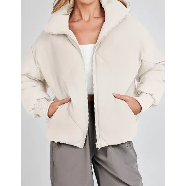 imageZESICA Womens Winter Cropped Puffer Jacket Long Sleeve Zip Up Quilted Short Down Coat with PocketsCream