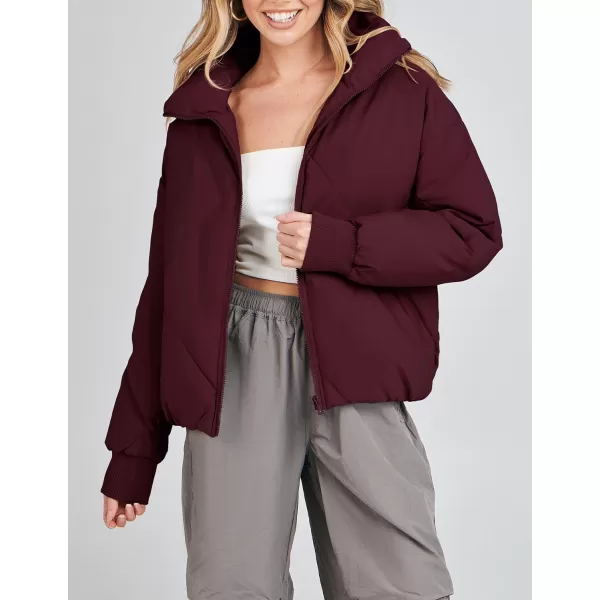 imageZESICA Womens Winter Cropped Puffer Jacket Long Sleeve Zip Up Quilted Short Down Coat with PocketsDarkred