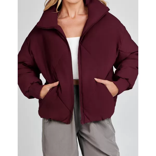 imageZESICA Womens Winter Cropped Puffer Jacket Long Sleeve Zip Up Quilted Short Down Coat with PocketsDarkred