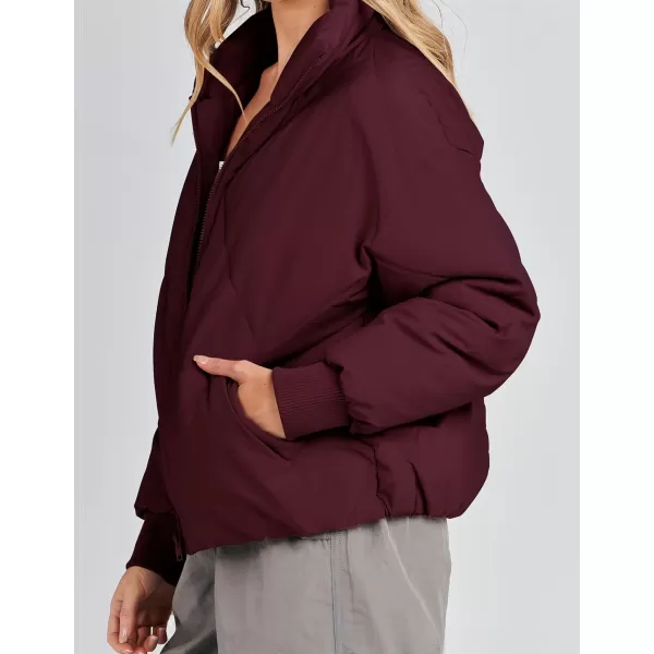imageZESICA Womens Winter Cropped Puffer Jacket Long Sleeve Zip Up Quilted Short Down Coat with PocketsDarkred