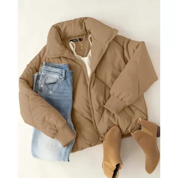 imageZESICA Womens Winter Cropped Puffer Jacket Long Sleeve Zip Up Quilted Short Down Coat with PocketsKhaki