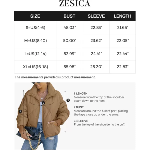 imageZESICA Womens Winter Cropped Puffer Jacket Long Sleeve Zip Up Quilted Short Down Coat with PocketsKhaki