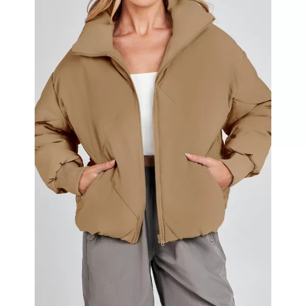 imageZESICA Womens Winter Cropped Puffer Jacket Long Sleeve Zip Up Quilted Short Down Coat with PocketsKhaki
