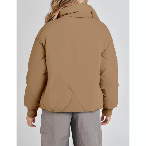 imageZESICA Womens Winter Cropped Puffer Jacket Long Sleeve Zip Up Quilted Short Down Coat with PocketsKhaki