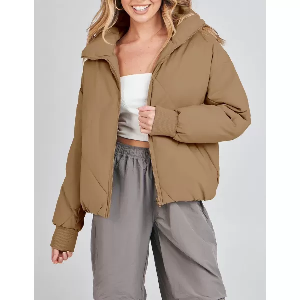 imageZESICA Womens Winter Cropped Puffer Jacket Long Sleeve Zip Up Quilted Short Down Coat with PocketsKhaki