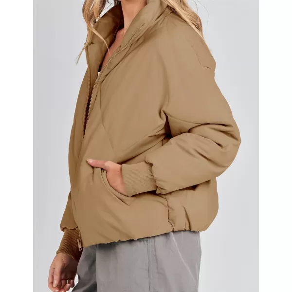 imageZESICA Womens Winter Cropped Puffer Jacket Long Sleeve Zip Up Quilted Short Down Coat with PocketsKhaki