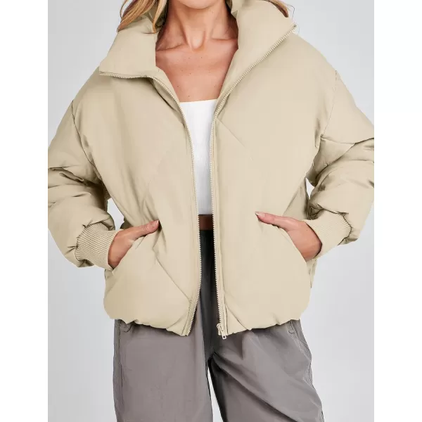 imageZESICA Womens Winter Cropped Puffer Jacket Long Sleeve Zip Up Quilted Short Down Coat with PocketsLightkhaki