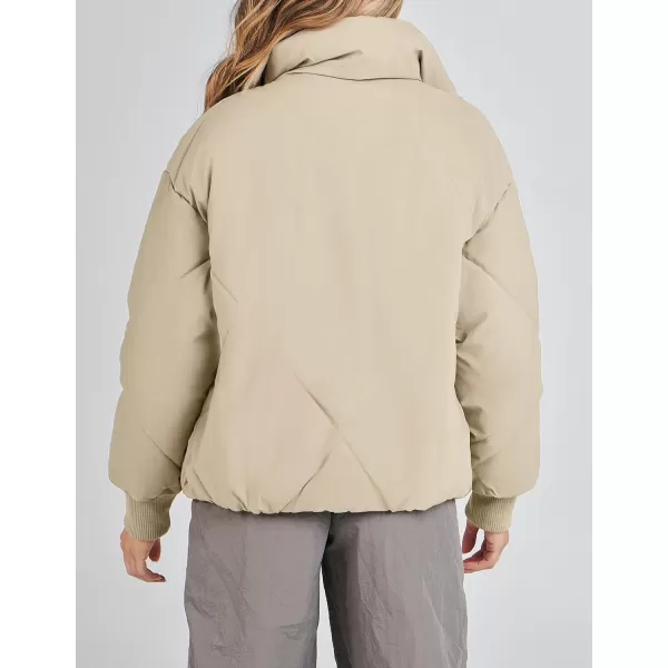 imageZESICA Womens Winter Cropped Puffer Jacket Long Sleeve Zip Up Quilted Short Down Coat with PocketsLightkhaki