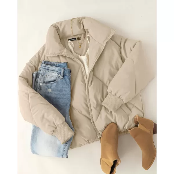 imageZESICA Womens Winter Cropped Puffer Jacket Long Sleeve Zip Up Quilted Short Down Coat with PocketsLightkhaki