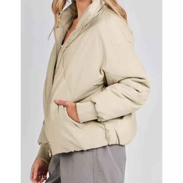 imageZESICA Womens Winter Cropped Puffer Jacket Long Sleeve Zip Up Quilted Short Down Coat with PocketsLightkhaki