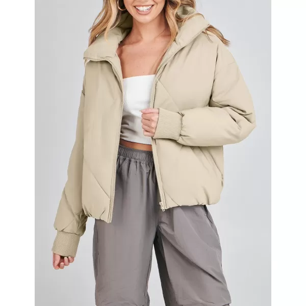 imageZESICA Womens Winter Cropped Puffer Jacket Long Sleeve Zip Up Quilted Short Down Coat with PocketsLightkhaki