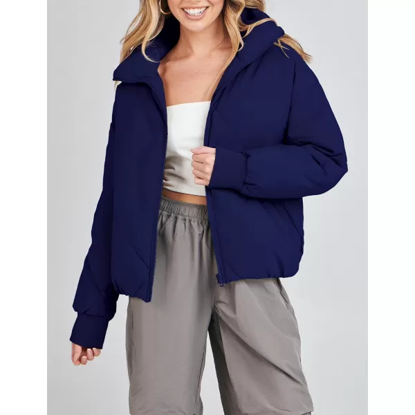 imageZESICA Womens Winter Cropped Puffer Jacket Long Sleeve Zip Up Quilted Short Down Coat with PocketsNavy