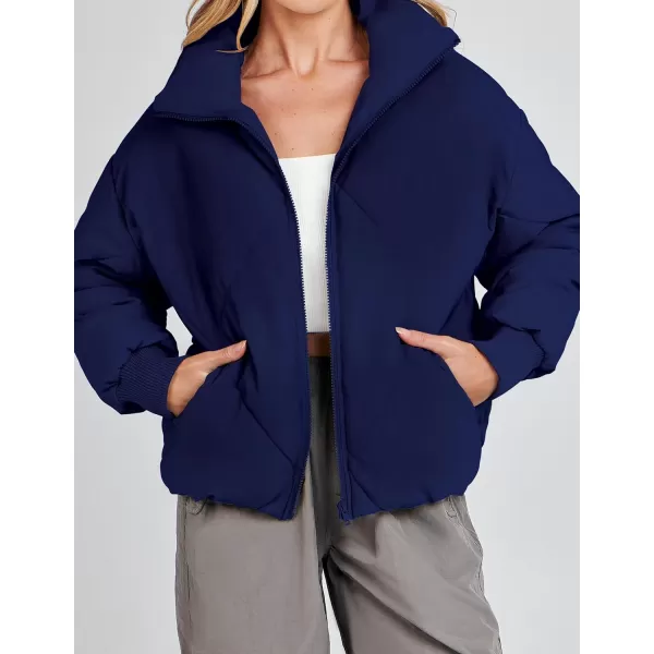 imageZESICA Womens Winter Cropped Puffer Jacket Long Sleeve Zip Up Quilted Short Down Coat with PocketsNavy