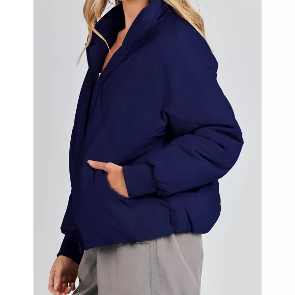 imageZESICA Womens Winter Cropped Puffer Jacket Long Sleeve Zip Up Quilted Short Down Coat with PocketsNavy