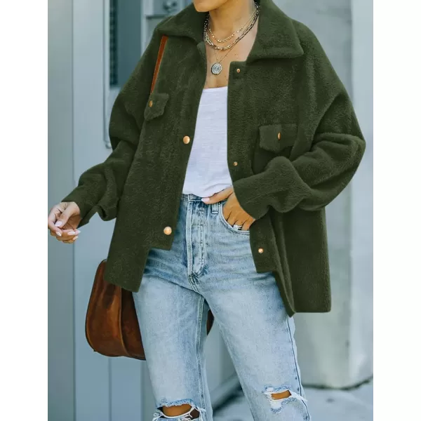 imageZESICA Womens Winter Fuzzy Fleece Jackets Warm Long Sleeve Button Shacket Coat Outwear with PocketsArmygreen