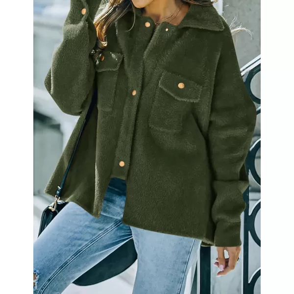 imageZESICA Womens Winter Fuzzy Fleece Jackets Warm Long Sleeve Button Shacket Coat Outwear with PocketsArmygreen