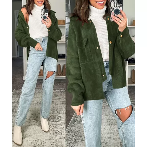 imageZESICA Womens Winter Fuzzy Fleece Jackets Warm Long Sleeve Button Shacket Coat Outwear with PocketsArmygreen