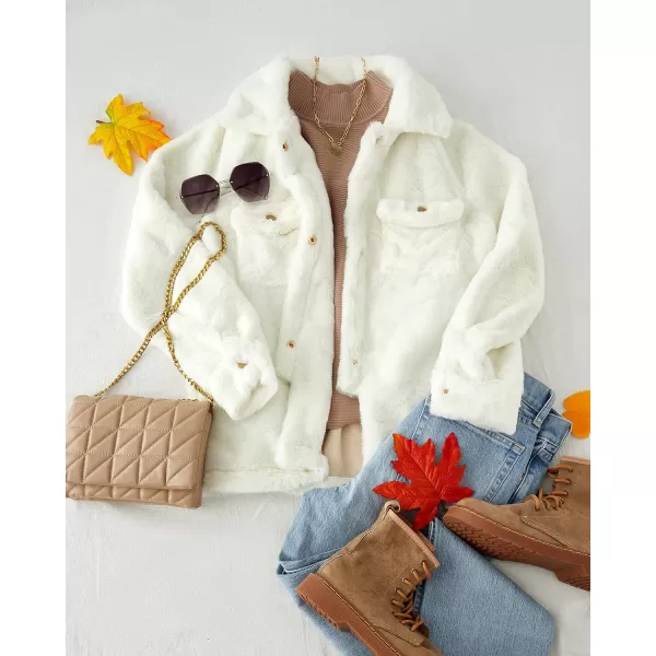 imageZESICA Womens Winter Fuzzy Fleece Jackets Warm Long Sleeve Button Shacket Coat Outwear with PocketsBeige