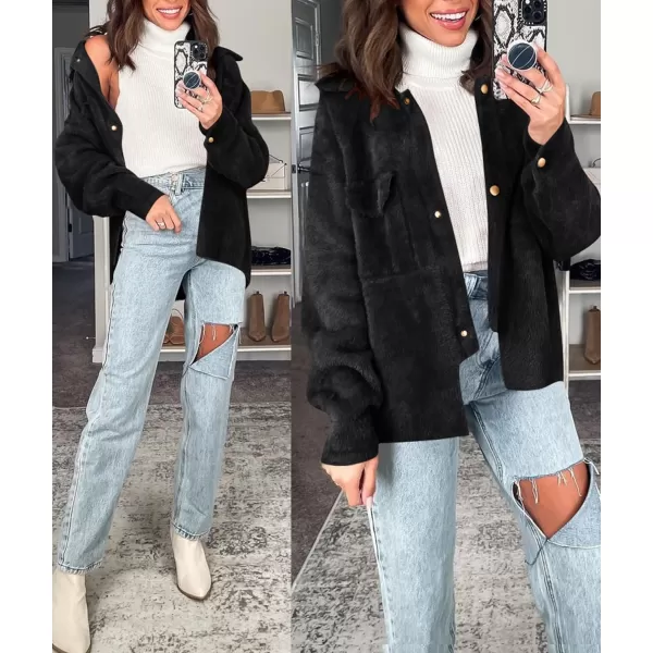imageZESICA Womens Winter Fuzzy Fleece Jackets Warm Long Sleeve Button Shacket Coat Outwear with PocketsBlack