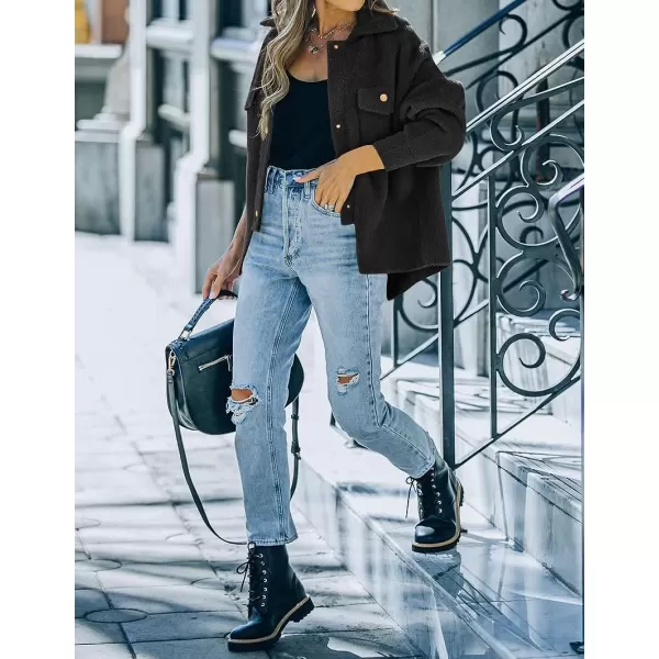 imageZESICA Womens Winter Fuzzy Fleece Jackets Warm Long Sleeve Button Shacket Coat Outwear with PocketsBlack