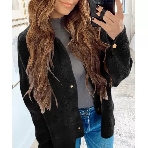 imageZESICA Womens Winter Fuzzy Fleece Jackets Warm Long Sleeve Button Shacket Coat Outwear with PocketsBlack