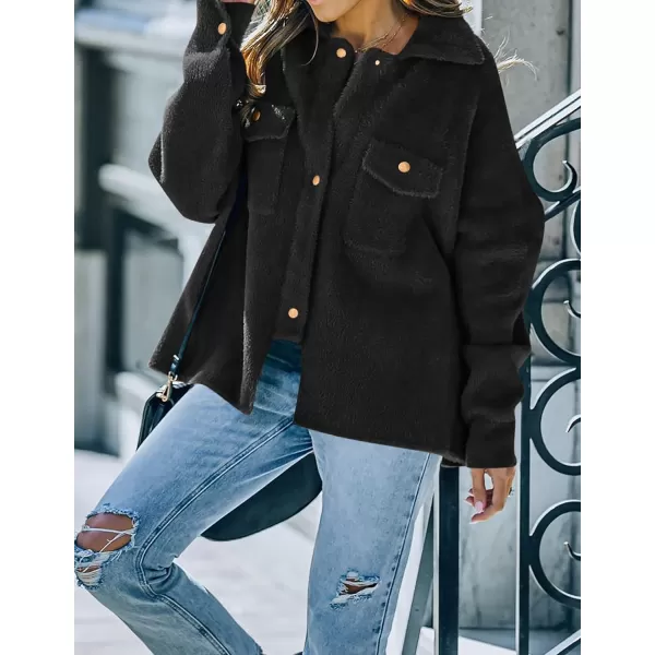 imageZESICA Womens Winter Fuzzy Fleece Jackets Warm Long Sleeve Button Shacket Coat Outwear with PocketsBlack