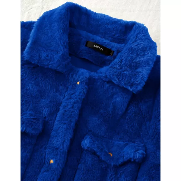 imageZESICA Womens Winter Fuzzy Fleece Jackets Warm Long Sleeve Button Shacket Coat Outwear with PocketsBrightblue