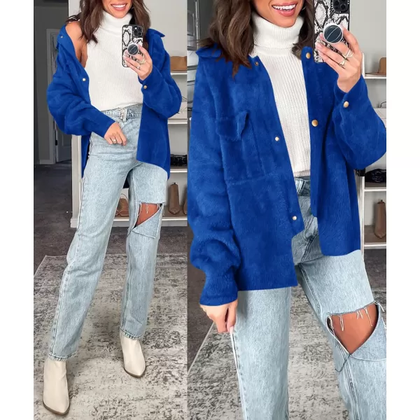 imageZESICA Womens Winter Fuzzy Fleece Jackets Warm Long Sleeve Button Shacket Coat Outwear with PocketsBrightblue