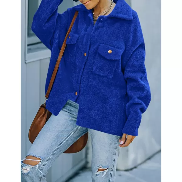 imageZESICA Womens Winter Fuzzy Fleece Jackets Warm Long Sleeve Button Shacket Coat Outwear with PocketsBrightblue