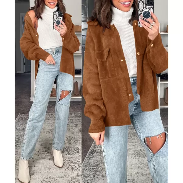 imageZESICA Womens Winter Fuzzy Fleece Jackets Warm Long Sleeve Button Shacket Coat Outwear with PocketsBrown