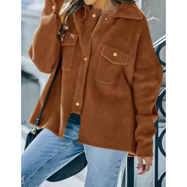 imageZESICA Womens Winter Fuzzy Fleece Jackets Warm Long Sleeve Button Shacket Coat Outwear with PocketsBrown