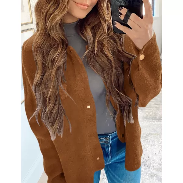imageZESICA Womens Winter Fuzzy Fleece Jackets Warm Long Sleeve Button Shacket Coat Outwear with PocketsBrown