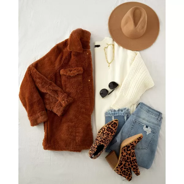 imageZESICA Womens Winter Fuzzy Fleece Jackets Warm Long Sleeve Button Shacket Coat Outwear with PocketsBrown