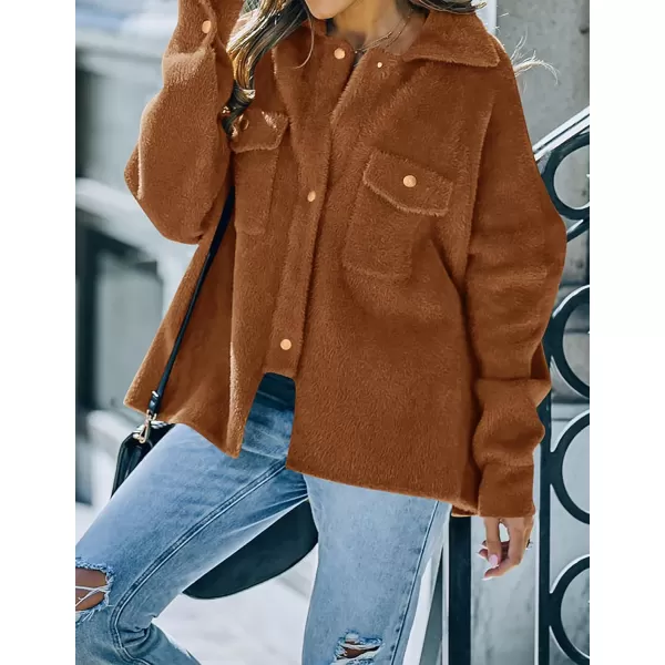 imageZESICA Womens Winter Fuzzy Fleece Jackets Warm Long Sleeve Button Shacket Coat Outwear with PocketsBrown