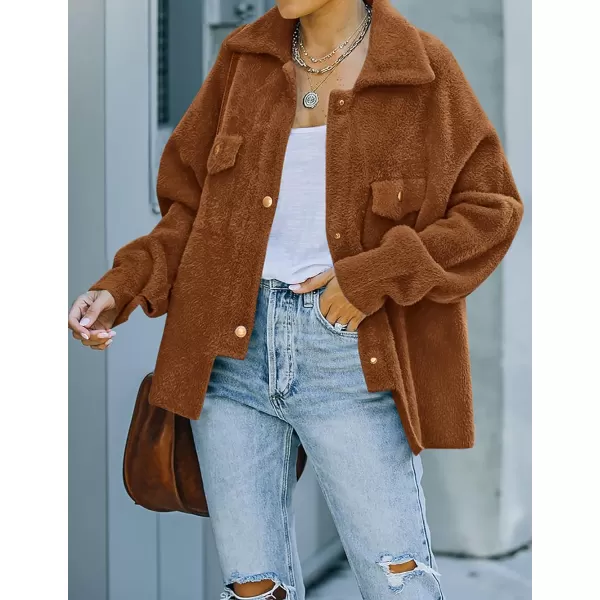 imageZESICA Womens Winter Fuzzy Fleece Jackets Warm Long Sleeve Button Shacket Coat Outwear with PocketsBrown